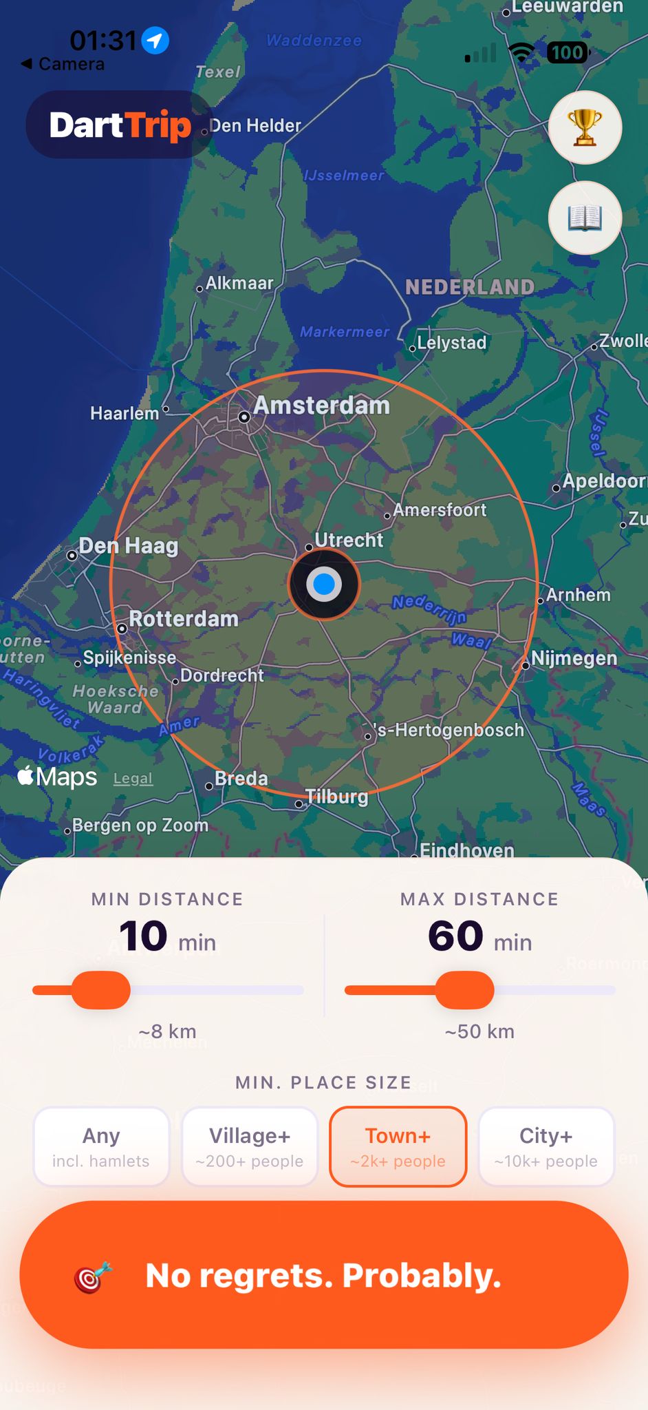 DartTrip app — main screen with map and throw button